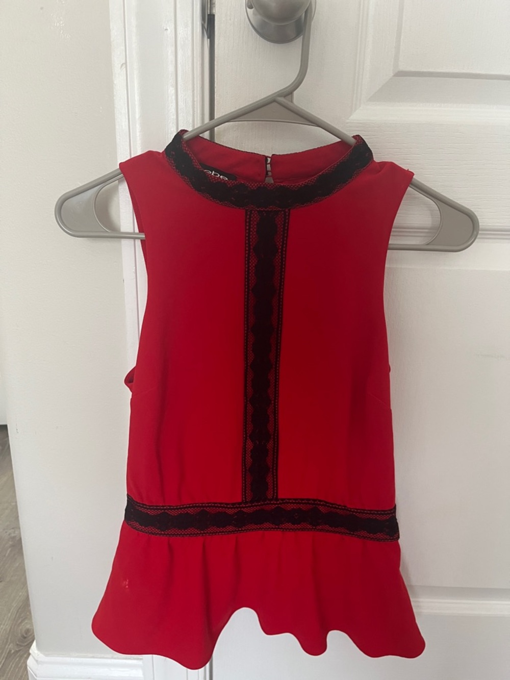 bebe Red Sleeveless Top with Black Lace Trim